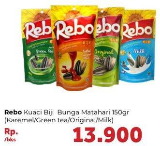 Promo Harga REBO Kuaci Bunga Matahari Caramel, Green Tea, Original, Milk 150 gr - Carrefour