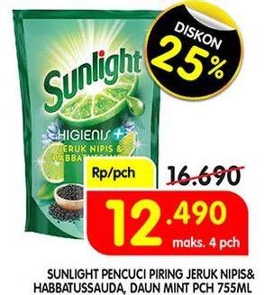 Promo Harga SUNLIGHT Pencuci Piring Anti Bau With Daun Mint, Higienis Plus With Habbatussauda 755 ml - Superindo
