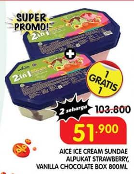 Promo Harga Aice Sundae Alpukat Strawberry, Vanilla Chocolate 800 ml - Superindo