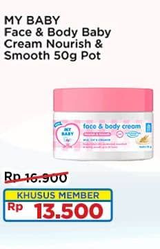 My Baby Face & Body Baby Cream 50 gr Diskon 20%, Harga Promo Rp13.500, Harga Normal Rp16.900, Khusus Member