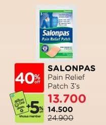Salonpas Pain Relief Patch 3 pcs Diskon 41%, Harga Promo Rp14.500, Harga Normal Rp24.900, Khusus Member Rp. 13.700, Khusus Member