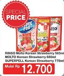 Promo Harga RINSO Molto Korean Strawberry 565ml/ MOLTO Korean Strawberry 680ml/ SUPERPELL Korean Strawberry 770ml  - Hypermart