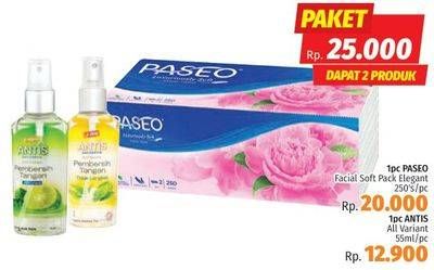 Promo Harga PASEO Facial Tissue Elegant 250s + ANTIS Hand Sanitizer All Variant 55ml  - LotteMart
