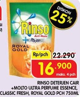 Promo Harga Rinso Liquid Detergent + Molto Purple Perfume Essence, + Molto Classic Fresh, + Molto Royal Gold 750 ml - Superindo