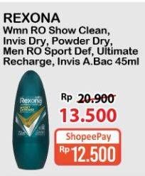 Promo Harga REXONA Women Deo Shower Clean, Invisible Dry, Powder Dry, Men Roll On Sport Defence, Ulta Recharge, Invisible + Anti Bacterial 45ml  - Alfamart