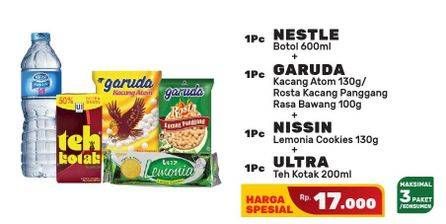 Promo Harga NESTLE PURE LIFE + GARUDA Kacang Atom/ Rosta + NISSIN Lemonia Cookies + ULTRA Teh Kotak  - Yogya