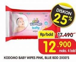 Promo Harga KODOMO Baby Wipes Pink, Aloe Vera Blue per 2 pouch 50 pcs - Superindo