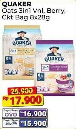 Promo Harga Quaker Oatmeal 3in1 Vanilla, 3 In 1 Berry Burst, 3in1 Cokelat per 8 pcs 28 gr - Alfamart