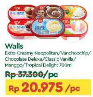 Promo Harga Walls Ice Cream Neopolitana, Chocolate Vanilla With Chocolate Chip, Chocolate Deluxe, Classic Vanilla, Mango Coco Delight, Tropical Delight 700 ml - TIP TOP