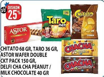 Chitato Snack Potato Chips/Astor Wafer Roll/Delfi Cha Cha Chocolate