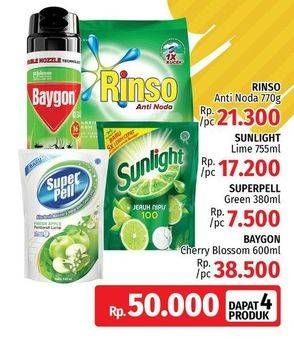 Promo Harga Rinso Anti Noda, Sunlight Lime, Super Pell Green, Baygon Insektisida Spray  - LotteMart