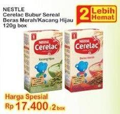 Promo Harga NESTLE CERELAC Bubur Bayi Beras Merah Susu, Kacang Hijau per 2 box 120 gr - Indomaret