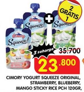 Promo Harga Cimory Squeeze Yogurt Original, Strawberry, Blueberry, Mango Sticky Rice 120 gr - Superindo
