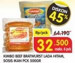 Promo Harga KIMBO Beef Bratwurst Lada Hitam/Sosis Ikan 500 g  - Superindo