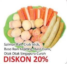 Promo Harga Aneka Bakso Seafood Salmon Ball, Crab Stick, Baso Ikan Kepiting, Baso Cumi, Otak Otak Singapura per 100 gr - Yogya