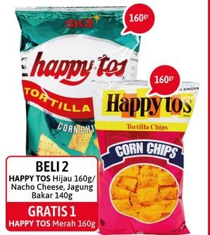 Promo Harga HAPPY TOS Tortilla Chips Hijau, Nacho Cheese, Jagung Bakar/Roasted Corn 140 gr - Alfamidi
