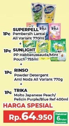 SUPER PELL Pembersih Lantai + SUNLIGHT Pencuci Piring + RINSO Anti Noda Detergent + MOLTO Trika