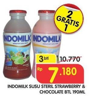 Promo Harga INDOMILK Susu Cair Botol Strawberry, Choco 190 ml - Superindo