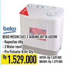 Beko WTTA6503W Mesin Cuci Semi-Otomatis  Harga Promo Rp1.529.000, INTIM Rp1.629.000
BATAM Rp1.379.000

Spesifikasi :
- Kapasitas 6 kg
- 3 Water Level
- Pro Pulsator & Air Dry