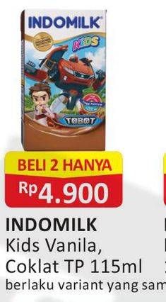Promo Harga INDOMILK Susu UHT Kids Cokelat, Vanila per 2 pcs 115 ml - Alfamart