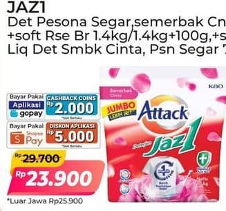 Promo Harga Attack Jaz1 Detergent Powder Semerbak Cinta, Pesona Segar, +Softener Rose Berry, +Softener Purple Blossom 1400 gr - Alfamart