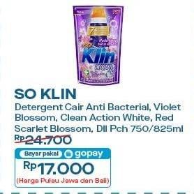 Promo Harga So Klin Liquid Detergent + Anti Bacterial Biru, + Anti Bacterial Violet Blossom, Power Clean Action White Bright, + Anti Bacterial Red Perfume Collection 750 ml - Indomaret