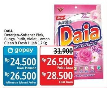 Promo Harga Daia Deterjen Bubuk + Softener Pink, Bunga, Putih, + Softener Violet, Ekstrak Lemon, Clean Fresh Hijab 1700 gr - Alfamidi