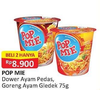 Promo Harga INDOMIE POP MIE Instan Kuah Pedes Dower Ayam, Goreng Pedes Gledeek Ayam per 2 pcs 75 gr - Alfamart