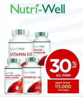 Promo Harga Nutriwell Vitamin D3 1000 IU/Tri-Zinc + Vit B6/Vitamin E 400IU Water Soluble/Vitamin D3 + K2   - Watsons