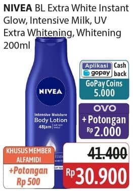 Promo Harga Nivea Body Lotion Extra White Instant Glow, Intensive Moisture, UV Extra Whitening SPF 15 200 ml - Alfamidi