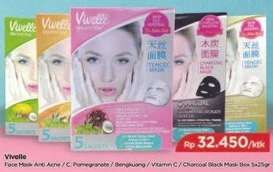Promo Harga VIVELLE Face Mask Anti Acne, C. Pomegrande, Bengkuang, Vitamin C, Charcoal Black per 5 pcs 25 gr - TIP TOP