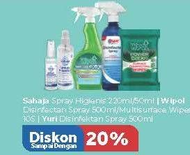 Promo Harga SAHAJA Spray Higienis 220ml/50ml / WIPOL Disinfectant Spray 500ml / Surface Wipes 10s / YURI Disinfectant Spray 500ml  - Carrefour