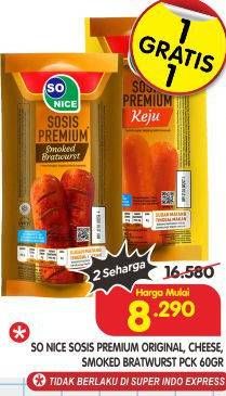 Promo Harga So Nice Sosis Siap Makan Premium Smoked Bratwurst, Original, Keju 60 gr - Superindo