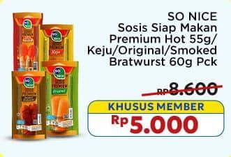 Promo Harga So Nice Sosis Siap Makan Premium Hot, Keju, Original, Smoked Bratwurst 60 gr - Indomaret