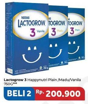 Promo Harga LACTOGROW 3 Susu Pertumbuhan Plain, Madu, Vanila per 2 box 750 gr - Carrefour