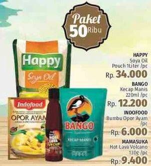 Promo Harga Happy Soya Oil + Bango Kecap Manis + Indofood Bumbu Opor + Mamasuka Hot Lava  - LotteMart