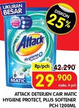 Promo Harga ATTACK Detergent Liquid Hygiene Plus Protection, Plus Softener 1200 ml - Superindo