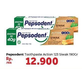 Promo Harga PEPSODENT Pasta Gigi Action 123 Siwak 190 gr - Carrefour