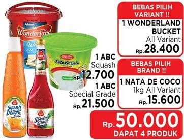 Promo Harga ABC syrup squash + ABC special grade + Wonderland Bucket + Wong Coco Nata de Coco  - LotteMart