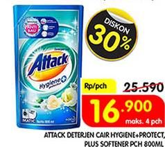 Promo Harga ATTACK Detergent Liquid Hygiene Plus Protection, Plus Softener 800 ml - Superindo