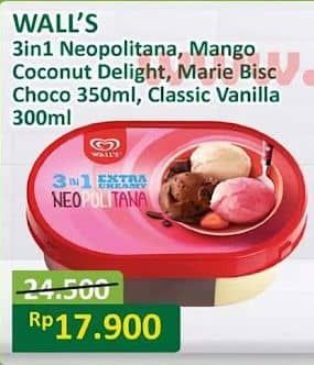 Promo Harga Walls Ice Cream Neopolitana, Mango Coco Delight, Marie Chocolate, Classic Vanilla 300 ml - Alfamart