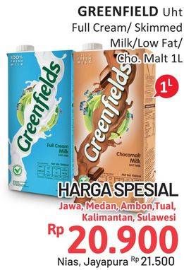 Promo Harga Greenfields UHT Full Cream, Skimmed Milk, Low Fat, Choco Malt 1000 ml - Alfamidi