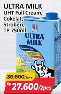 Promo Harga Ultra Milk Susu UHT Full Cream, Coklat, Stroberi 750 ml - Alfamart