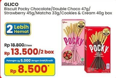 Promo Harga Glico Pocky Stick Double Choco, Chocolate Flavour, Strawberry Flavour, Matcha, Cookies Cream 33 gr - Indomaret