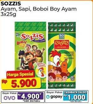 Promo Harga So Good Sozzis Ayam, Sapi, Boboi Boy Ayam per 3 pcs 25 gr - Alfamart