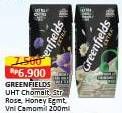Promo Harga Greenfields UHT Extra Milk Vanilla Chamomile, Strawberry Rose Milk, Honey Early Grey, Chocomalt 200 ml - Alfamart
