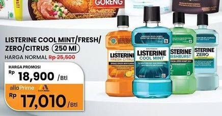 Promo Harga Listerine Mouthwash Antiseptic Cool Mint, Fresh Burst, Fresh Citrus, Fresh Citrus, Zero 250 ml - Carrefour