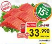 Salmon Fillet per 100 gr Diskon 15%, Harga Promo Rp33.990, Harga Normal Rp39.990, Ekstra Kupon, Khusus Member
