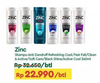 Promo Harga Zinc Shampoo Refreshing Cool, Hair Fall Treatment, Clean Active, Soft Care, Black Shine, Men Active Cool 340 ml - TIP TOP