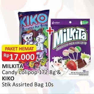 Promo Harga MILKITA Candy Lolipop 172.8 g + KIKO Stik Assorted Bag 10s  - Alfamart